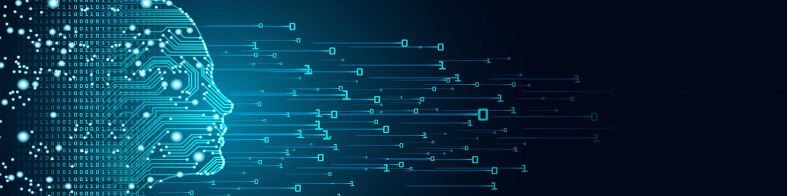 Artificial intelligence concept in form of women face outline outline with circuit board and binary data flow on blue background.